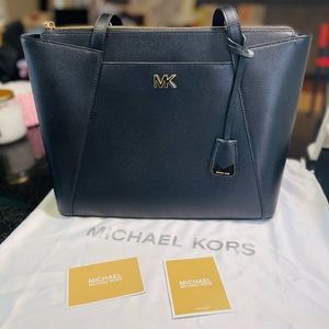 New Michael Kors Large Leather Shoulder Tote Handbag Purse Navy Gold